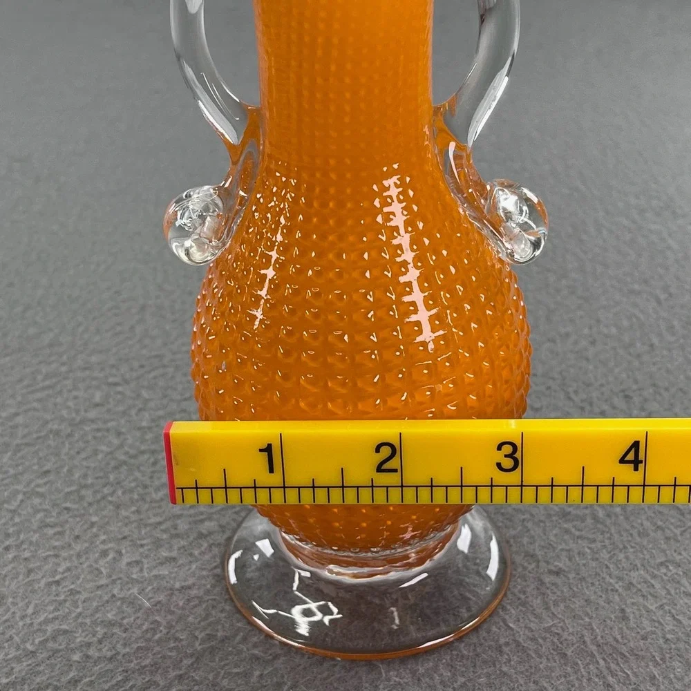 Vintage Orange Hobnail Glass Vase Ruffled Rim Clear Handles 8.5